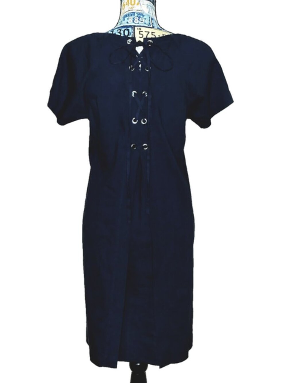 THEORY Keshelle Lace Back Raglan Dress Caliver Linen Crunch Wash Navy Blue Sz 8 - Picture 5 of 8